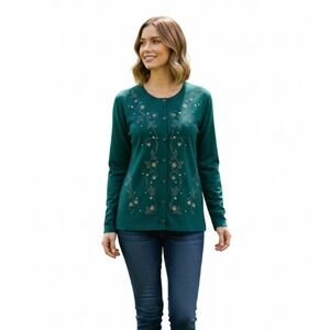 ERIKA Floral Embellished Button Up Sweater, Women’s XLP, Teal Green
